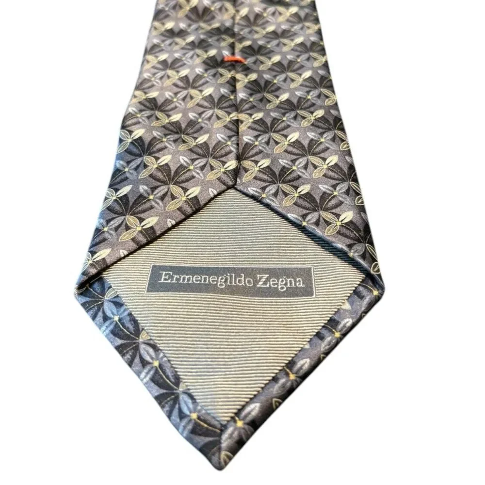 Ermenegildo Zegna Men Silk Tie Grey Black Geometric Flower Silk Italy Necktie 56